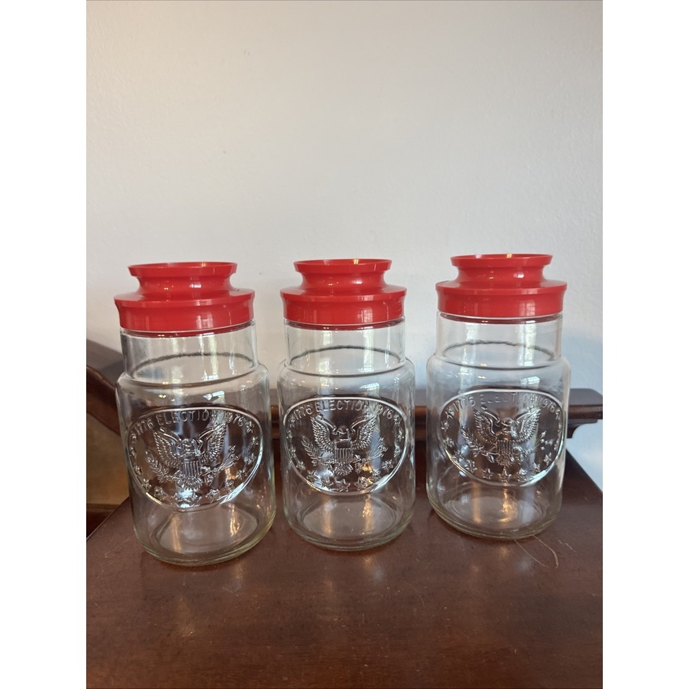 3 - 7.75" 1776 - 1976 Elections USA Bicentennial Glass Jar Canister Red Lid Flag - Picture 6 of 8
